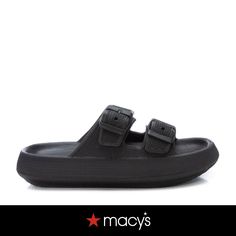 in stock Trendy Black Adjustable Slides, Trendy Adjustable Black Slides, Trendy Black Sport Sandals With Buckle Closure, Trendy Black Sport Sandals With Cushioned Footbed, Casual Black Sport Sandals With Buckle Closure, Black Adjustable Slides With Buckle Closure, Black Synthetic Sport Sandals With Buckle Closure, Flat Sandals, Buy Online