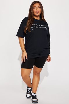 Available In Black. T-Shirt Crew Neck Short Sleeve Front Screen Disclaimer: Due To The Printing Process A Difference In Saturation May Occur. Each Garment Is Unique. 100% Cotton Imported | Give This World Good Energy Short Sleeve Tee Shirt in Black size XS by Fashion Nova Black Short Sleeve Shirt For Loungewear, Casual Black Short Sleeve Shirt, Athleisure Slogan Tops With Crew Neck, Athleisure Slogan Crew Neck Top, Slogan Crew Neck Tops In Athleisure Style, Athleisure Short Sleeve Slogan Tops, Athleisure Short Sleeve Tops With Letter Print, Relaxed Fit Text Print Tops For Athleisure, Athleisure Tops With Letter Print And Relaxed Fit