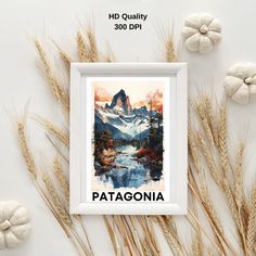 an image of a painting with the words patagonia on it next to some flowers