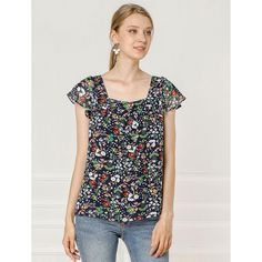 This floral top is sure to inject a floral flourish into your wardrobe. Made of a lightweight chiffon fabric for a soft fit, this top boasts a floral print throughout and a flattering and vintage-inspired square neckline. Wear it with jeans or a skirt for a chic style that will take you from day to evening. With summer floral and greenery details, this breezy flowy blouse features fluttery sleeves. Optimal for day or night, this floral-printed blouse features vintage details like a square neck a Flowy Chiffon Blouse With Floral Print, Chic Chiffon Top With Floral Print, Casual Chiffon Tops With Floral Print, Casual Floral Print Chiffon Tops, Casual Chiffon Blouse With Floral Print, Summer Floral Print Chiffon Tops, Spring Printed Chiffon Blouse, Flowy Feminine Chiffon Tops, Feminine Flowy Chiffon Tops