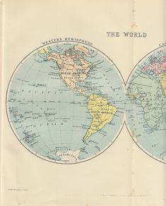 an old map shows the world as it is divided into two halves, with different countries on each side