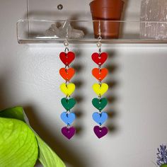 Handmade Lightweight Acrylic Earrings Multicolor Heart Charm Drop Earrings, Multicolor Heart Charm Dangle Earrings, Rainbow Heart Earrings As Gift, Rainbow Heart Earrings For Gift, Nickel-free Multicolor Heart Earrings, Multicolor Nickel-free Heart Earrings, Trendy Multicolor Dangle Heart Earrings, Trendy Multicolor Heart Dangle Earrings, Adjustable Multicolor Heart Earrings