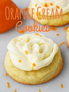 orange cream cookies with white frosting and an orange in the background text reads orange cream cookies