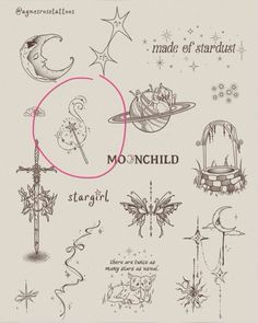 the moonchild tattoo design is shown in black and white, with stars on it