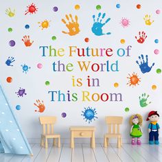 the future of the world is in this room wall decal with colorful hand prints