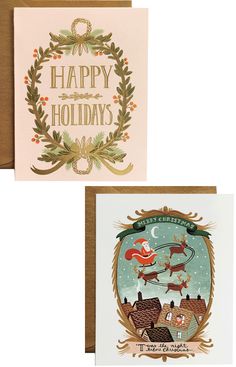 two christmas cards, one with santa on his sleigh and the other with reindeers