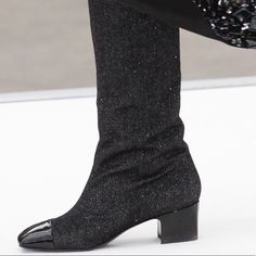 Chanel Glitter Boot -Black Glitter -Authentic -Runway Item **Gently Worn. Light Wear F Black Sparkling High Heel Boots, Black Boots Glitter, Chanel Glitter Boots, Black Glitter High Heel Boots, Black Glitter Boots, Glitter Boots, Chanel Shoes, Black Glitter, Shoes Heels Boots