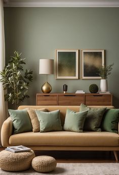 a living room filled with lots of furniture next to a wall mounted painting on the wall