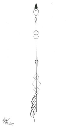 a black and white drawing of a wind chime with an arrow on it's side