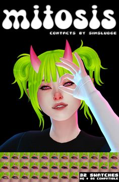 a girl with green hair and horns on her head is shown in front of a black background