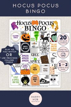 hocus pocus's halloween party game with the words hocus pocuss bingo