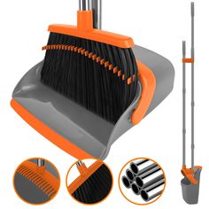 an orange and gray broom with black bristles on the bottom, two metal brushes in each