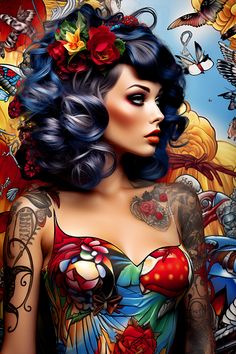 a painting of a woman with tattoos on her body