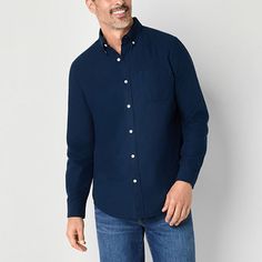 Style and performance meet with this St. John's Bay men's long-sleeve button-down shirt. It's made from woven cotton with stain release properties and has a classic-fit, a collar neck, and a chest slip pocket. Wear it on its own or layered under a cardigan or jacket. Features: Stain ReleaseClosure Type: ButtonFit: Classic FitNeckline: Collar NeckPockets: 1 Chest Slip PocketSleeve Length: Long SleeveSleeve Style: Cuffed SleeveApparel Length: 31 Inches - BackFiber Content: 100% CottonFabric Descri Collar Neck, Mens Oxfords, Button Front Shirt, Woven Cotton, Cotton Weaving, Mens Long Sleeve, Button Downs, Shirts Tops, Button Down Shirt