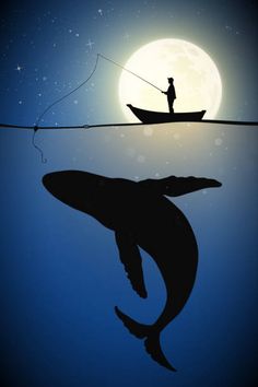 a man standing on top of a boat next to a shark under a full moon