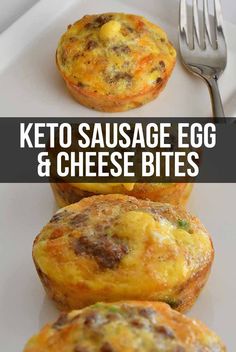 keto sausage egg and cheese muffins on a white plate with a fork