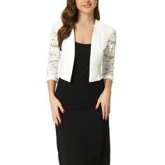 Elegant and versatile: Our cardigan dress features a lace panel and open front design, adding a touch of sophistication to your wardrobe. Functional and stylish: This long-sleeve bolero shrug can be worn as a dress or layered over other outfits, making it a versatile piece for work and casual occasions. Comfortable and breathable: Made from soft materials, this cardigan dress offers all-day comfort and breathability without compromising on style. Flattering silhouette: The crop length and lace p Elegant Fitted Cardigan With Lace Trim, Fitted Lace Cardigan For Party, Elegant Fitted Lace Trim Cardigan, Elegant Fitted Lace Cardigan, Fitted Lace Cardigan With Open Front, Fitted Lace Open Front Cardigan, Lace Patchwork Cardigan, Sleeve Bolero, Cardigan Dress