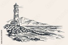 a lighthouse on top of a mountain with waves in the ocean and mountains behind it