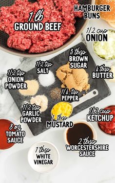 the ingredients to make ground beef burgers on a cutting board