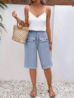 Women's 2024 Elastic High Waist Mid Length Straight Pant with Front Pocket Summer Capris With Pockets For Day Out, Casual Capris With Pockets For Day Out, Casual Summer Capris With Side Pockets, Men Jumpsuit, Flag Outfit, Cheap Clothing, Skirt Jumpsuit, Cardigan Shirt, Women's Cover Up