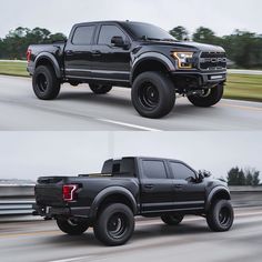 two pictures of a black truck driving down the road