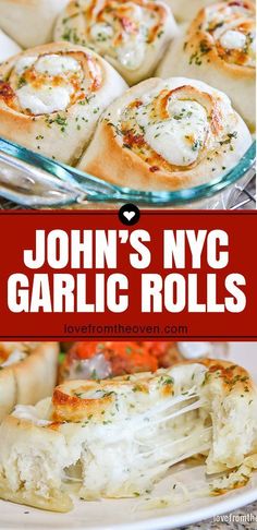 this is an image of a plate of garlic rolls with text overlay that reads, john's nyc garlic rolls