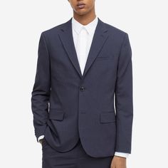 Skinny Fit Men’s Hm Blazer Classic Tailored Blazer From H&m, Classic Tailored Blazer By H&m, H&m Tailored Classic Blazer, Navy Slim Fit Suit, Blue Blazer Men, Black Pinstripe Suit, Blazers Men, H&m Men, Slim Fit Suit Men