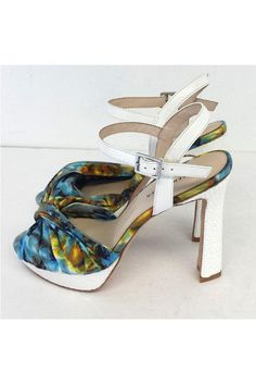 Size 8 EU 39 Blue & Yellow Fabric Sandal Heels Pleated fabric Adjustable ankle straps w/silver-tone buckle Open toe White woven platform & heel Some outsole wear Comes w/extra heel caps Platform height 1" Heel height 5" Fabric Platform Sandals With Ankle Strap, Fabric Heels With Ankle And Heel Straps, Fabric Heels With Wrapped Heel And Ankle Strap, Fabric Sandals, Shoe Websites, Sandal Heels, Heel Caps, Pleated Fabric, Platform Heel