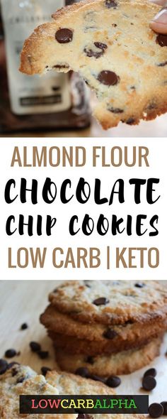 chocolate chip cookies are stacked on top of each other with text overlay reading almond flour chocolate chip cookies low carb keto