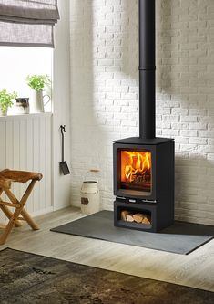 a wood burning stove in a living room