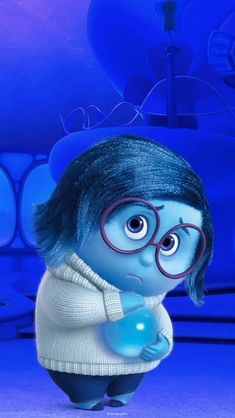 an animated character with glasses and a sweater is standing in front of a blue background