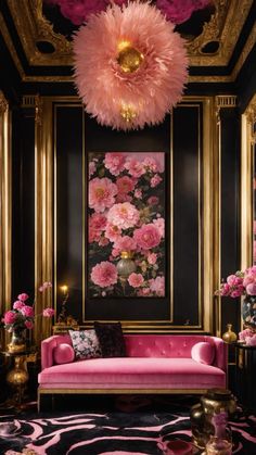 a pink couch sitting in front of a painting on the wall next to a chandelier