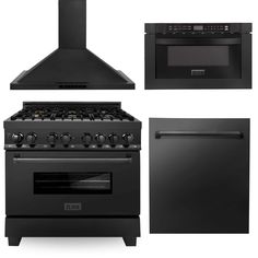 four different stoves and ovens are shown in this image, including one with the hood up