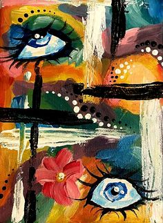 an abstract painting with blue eyes and flowers