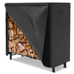 a black firewood storage bin with logs inside and an opening to reveal the wood