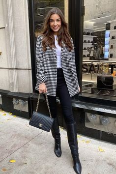 23 Chic Fall Work Outfits & Business Casual Outfits for Autumn Sophie Knight Outfits, Houndstooth Blazer Outfit, Sophie Knight, Fall Work Outfits, Knight Outfit, Yellow Mini Skirt, Chic Fall Outfits, Ribbed Sweater Dress, Houndstooth Blazer