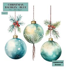 three christmas baubles hanging from chains with holly and berries on them, in watercolor