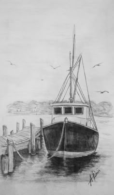 a drawing of a boat docked at a pier with seagulls in the background