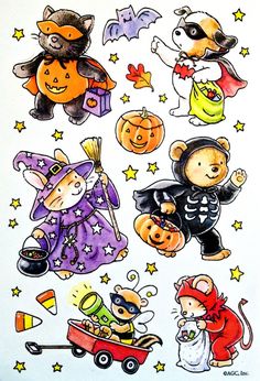 halloween stickers with animals and pumpkins on them, including bats, witches, cats, mice