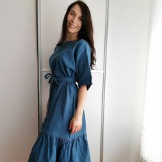 "Linen blue dress, natural clothing, dress with a ruffle, dress with a belt Beautiful linen dress with short sleeves suitable for various occasions: business lunch, dinner, work, leisure It is decorated with a steering wheel below, and in the waist, you can tie it with a belt. The dress is already washed, it doesn't shrink anymore. The dress will remain in excellent condition after several washes. - It is made of 100% high quality European linen fabric. - From flax with Oeko-Tex certificate - So Fitted Spring Belted Dress For Brunch, Modest Short Sleeve Dress For Brunch, Summer Midi-length Belted Dress For Brunch, Elegant Summer Belted Dress For Brunch, Elegant Belted Dress For Summer Brunch, Fitted Summer Midi Dress With Belt, Blue Belted Dress For Work, Fitted Midi Dress With Belt For Summer, Belted Knee-length Midi Dress For Brunch