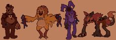 five different types of furry animals standing next to each other on a brown background,