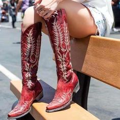 These vintage style knee-high cowboy boot shoes are handcrafted from textured vegan PU leather that is lightly distressed to appear worn-in and detailed with embroidery in the shape of totems. This shoe design represent the toils of village artisans and generations of handcrafted shoe making and preservation of their legacy. This shoe has a high wedge serrated platform offering comfort and stability without compromising style. The protective plush inner lining and insole keep your feet warm and Knee High Western Boots, Knee High Cowboy Boots, Pu Boots, Boots Flat, Flat Heel Boots, High Fashion Women, Spike Heels, Leather Cowboy Boots, Cow Boy