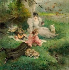 a painting of two women sitting on the grass with cats and other animals around them