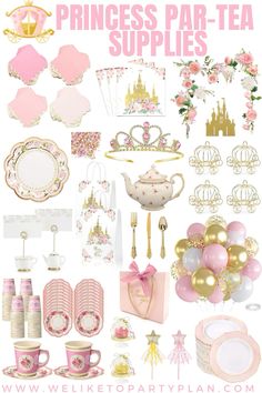 pink and gold princess party supplies including teapots, plates, cups, napkins