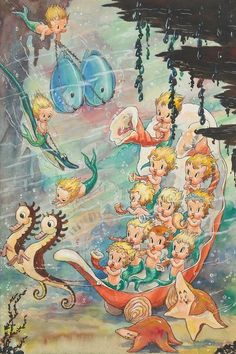 a painting of children in a boat surrounded by seahorses and other marine creatures