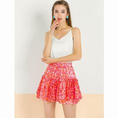 You're ready for a fab and stylish season with this ruffle mini skirt. Pair it with your favorite tops and heels for a chic look. Flutter through your day in this fabulously feminine ruffled mini skirt. Nothing offers a charming appeal like the ruffle-layer skirt. Complete your cute style in this floral ruffle mini skirt. A nice choice for a Valentine's Day outfit. Trendy Summer Mini Hem Skort, Trendy Mini Hem Skort For Summer, Flirty Summer Skort, Flirty Mini Skirt With Ruffle Hem, Trendy Mini Hem Skirt For Summer, Flirty Mini Skort For Summer, Summer Ruffle Mini Skort, Summer Ruffled Mini Skort, Chic Flowy Mini Skirt With Ruffle Hem