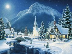 a painting of a snowy village at night