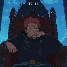 an anime character sitting in a chair with his hand on his face