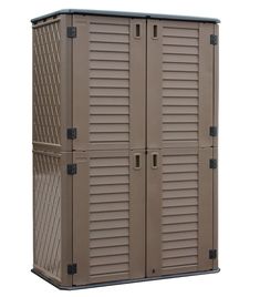 a large brown storage cabinet with two doors