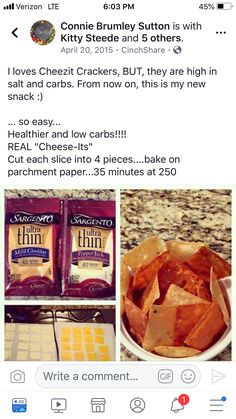 a facebook post with two pictures of food and the caption reads, i love cheez crackers but they are high in salt and carbs from now on this is not